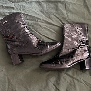 Valdini waterproof Black Patent Croc Leather Heeled ankle Boot